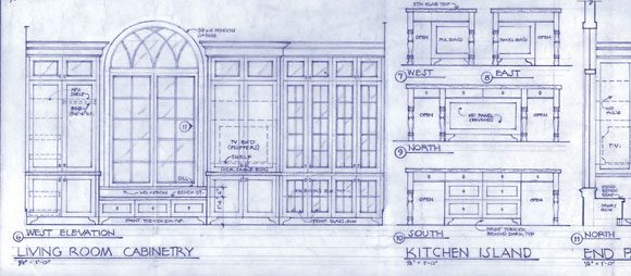 Blueprint of living room cabinetry and kitchen island designs.