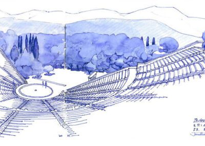 Watercolor sketch of an amphitheater with surrounding landscape.