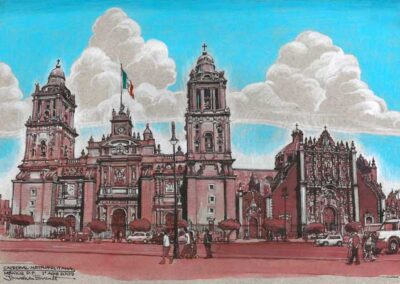 Illustration of the metropolitan cathedral in mexico city with pedestrians and vehicles in the foreground.
