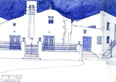 White-washed buildings with blue accents under a night sky, mykonos, greece, 1996.