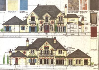 Architectural drawing of a two-story house showing north and south elevations, with labeled materials, colors, and design details included.